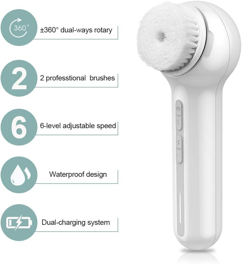 Face Scrubber Exfoliator,  Upgraded Rechargeable Electric Facial Cleansing Brushes with 3 Brush Heads,360° Spin Rotation for Exfoliating, Massaging and Deep Cleansing, Waterproof