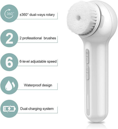 Face Scrubber Exfoliator,  Upgraded Rechargeable Electric Facial Cleansing Brushes with 3 Brush Heads,360° Spin Rotation for Exfoliating, Massaging and Deep Cleansing, Waterproof